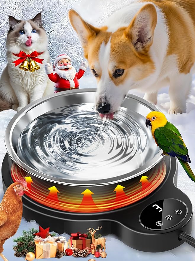 Heated Water Bowl for Outdoor Cats Dogs,100W Thermal Pet Bowl with 3 Temperature Settings and Timer,50oz Heated Dog Water Dish with Removable Stainless Bowl,Heated Bird Bath in Winter for Duck, Chicks