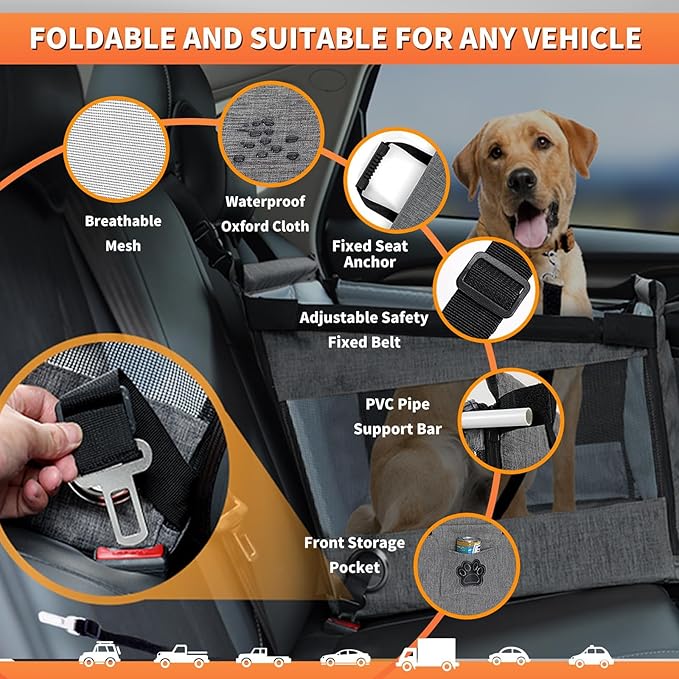 Grey Dog Car Seat forTravel Carrier, Non-Slip Bottom, Big Dog Car Seats, Suitable for Outdoor Travel and Time Driving.