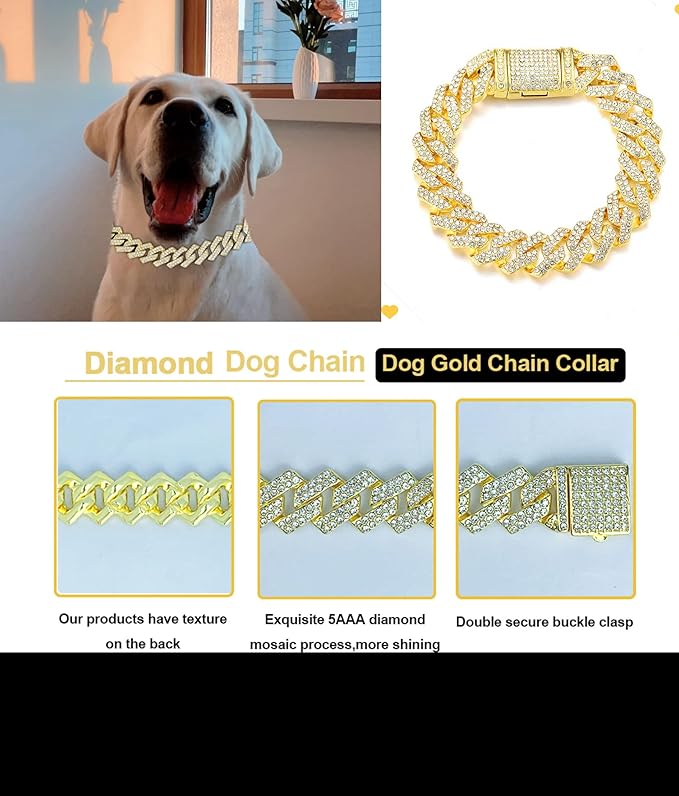 Glod Dog Chain Collar Diamond Dog Chain Bling Dog Necklace Cuban Link Collar Glitter Rhinestone Metal, Pet Jewelry for Puppy XS Small Medium Large Dogs Cats(Glod 10inch)