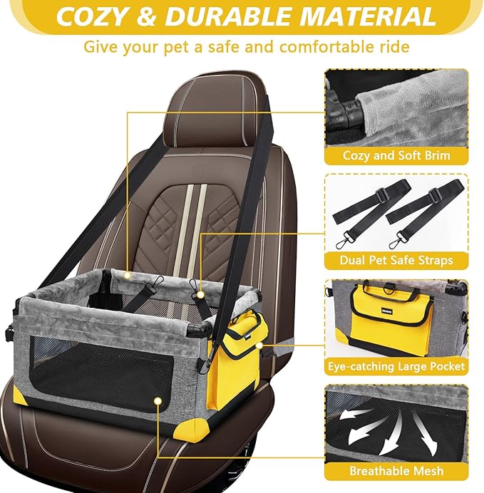 Dog Car Seat for Small Pets Up to 20 lbs, with Storage Pocket and Dual Clip-On Safety Leash, Foldable and Washable Design