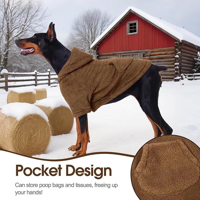 IDOMIK Fuzzy Dog Sweater with Adjustable Hood, Warm Fleece Dog Sweater Hoodie with Harness Hole & Pocket, Pullover Sweaters for Medium Dogs, Fuzzy Hooded Sweatshirt for Fall Winter Christmas,Brown,L