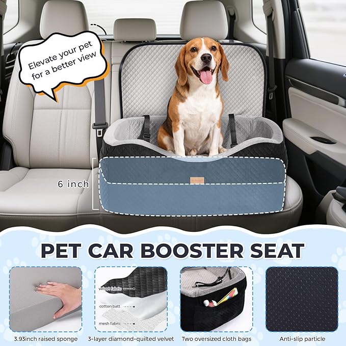 Dog Booster Car Seat for Large Dogs up to 60 lbs or 2 Small Dogs with 4" Memory Foam, Medium Pet Car Seat, Adjustable Leashes, Detachable/Washable (Black/Gray, Large)