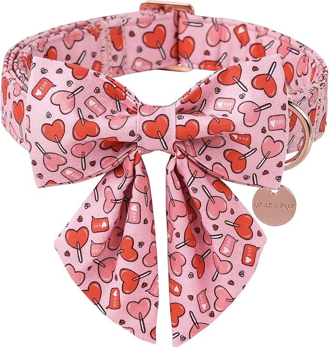 Valentine’s Day Dog Collar with Bow Tie, Pink Heart Bowtie Collar with Metal Buckle, Valentine’s Day Gift Pet Collar for Puppy Girl Boy Dog or Cat, Wedding Dog Collar, L, Neck 16-24in
