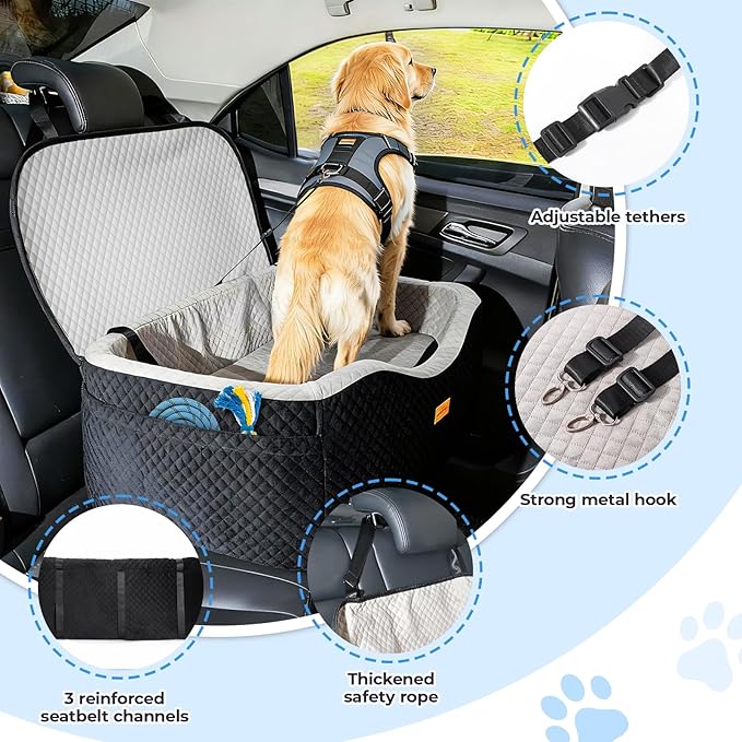 Dog Booster Car Seat for Large Dogs up to 60 lbs or 2 Small Dogs with 4" Memory Foam, Medium Pet Car Seat, Adjustable Leashes, Detachable/Washable (Black/Gray, Large)