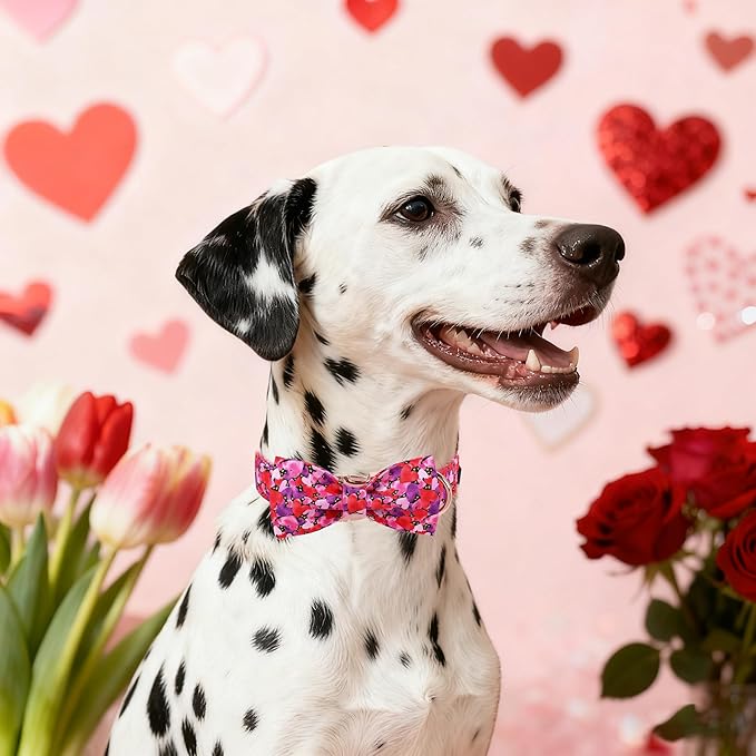 Maca Bates Valentine's Day Dog Collar with Fancy Bow for Large Girl Boy Dogs,Tiedyed Love Hearts Pattern,Adjustable Durable Soft Valentine Gift for Female Male Puppy