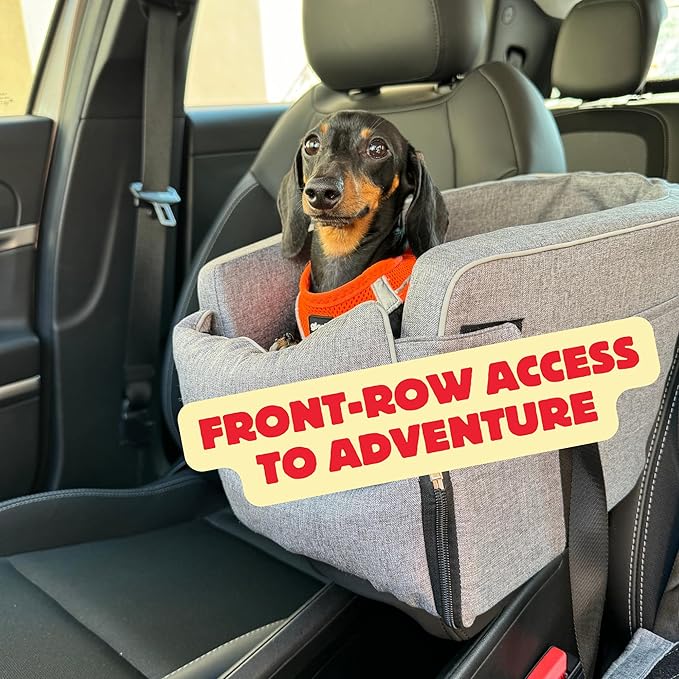 Kumdita' Center Console Dog Car Seat & Carrier for Small Dogs & Cats, 18.5 x 10.5 x 9.5 Inches, Sewn-in Leash (Gray)