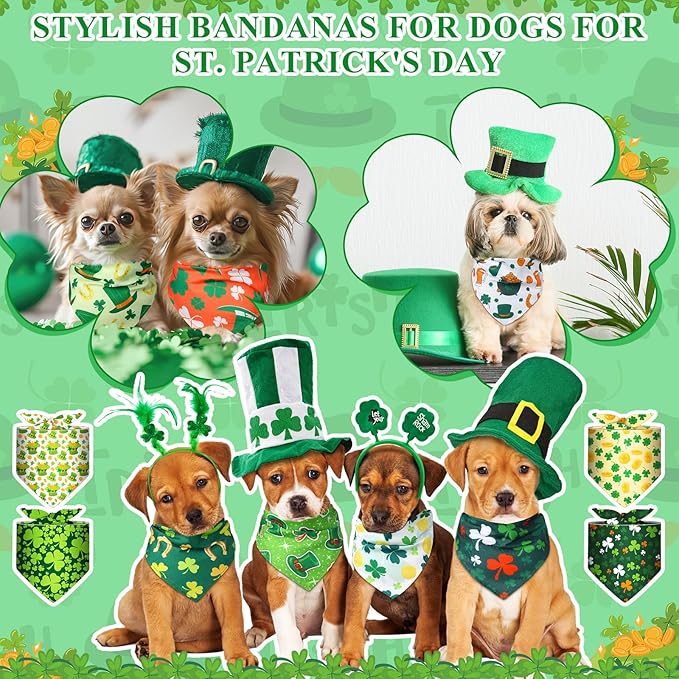 Amylove 120 Pcs Dog Bandanas Bulk Holiday Triangle Dog Pack Puppy Kerchief Bandana Adjustable Pet Scarf for Pet Cat Costume Accessories Decor(Shamrock)
