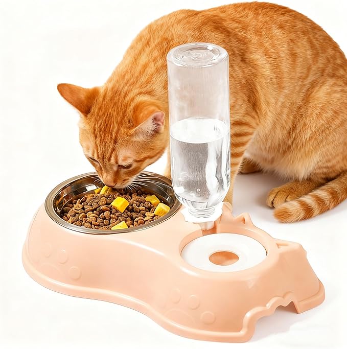 Cat Dog Feeder Bowl with Automatic Drinking Bottle.2-in-1 Stainless Steel Pet Bowl.No-Spill Double Dog Cat Bowls (Pink)