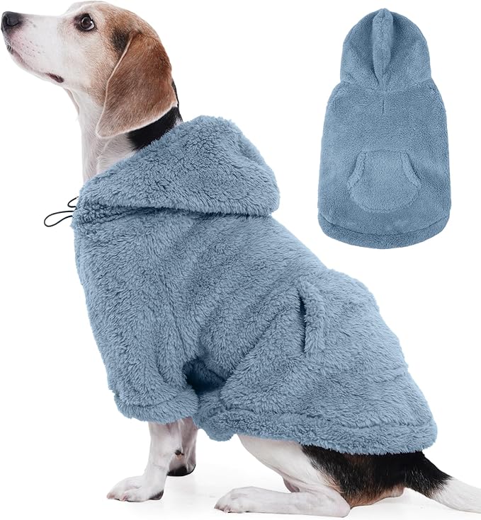 IDOMIK Fuzzy Dog Sweater with Adjustable Hood, Warm Fleece Dog Sweater Hoodie with Harness Hole & Pocket, Pullover Sweaters for Large Dogs, Fuzzy Hooded Sweatshirt for Fall Winter Christmas,Blue,XL