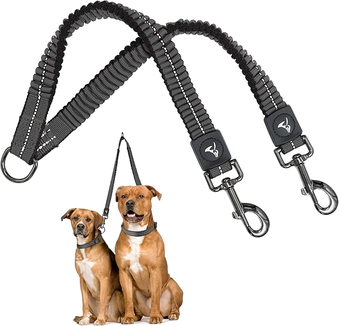 Kruz Double Dog Leash for Two Dogs (Width - 1”, Length 20”-42”) Dual Leash Coupler with Tangle-Free Swivel, Shock-Absorbing Reflective Bungee for Comfortable Walking & Training (Grey, Large)