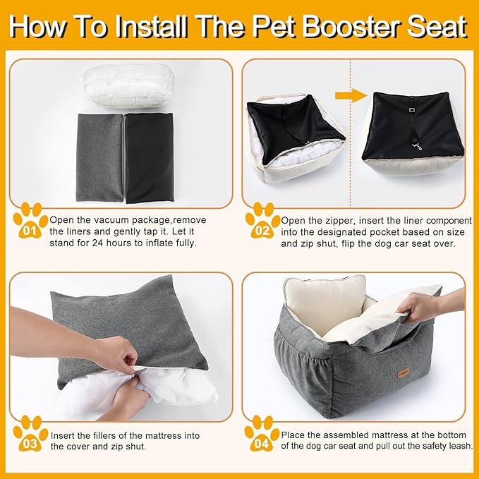 Dog Car Seat for Small Dogs Under 25Lbs, Portable Comfy Safe Puppy Car Seat Travel Bed with Storage Pockets, Fully Detachable Washable Dog Booster Carseats for Front & Back Seats, Gray