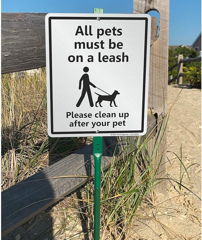 SmartSign 12 x 10 inch “All Pets Must Be On A Leash - Please Clean Up After Your Pet” Yard Sign with 3 foot Stake, 40 mil Laminated Rustproof Aluminum, Black and White, Set of 1