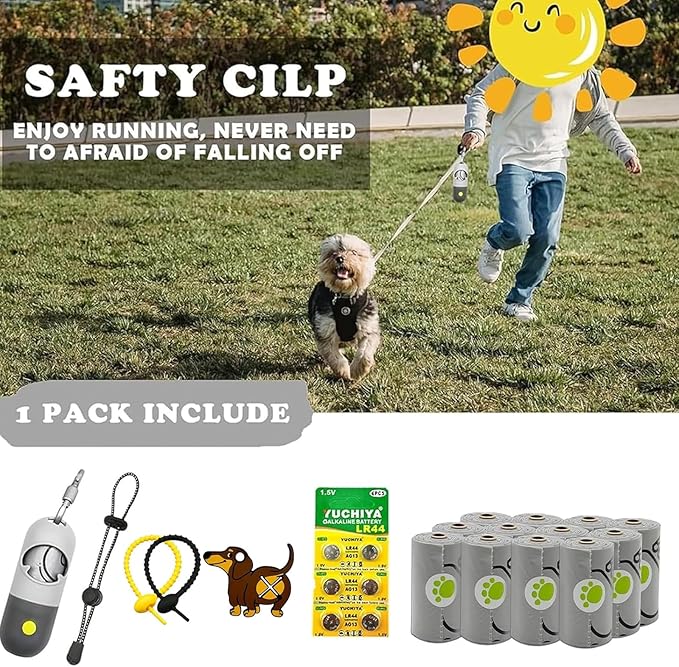 Dog Poop Bag Dispenser with Flashlight|Holder with Leash Clip|Hands-Free Leash Poop Bag Holder with Straps and 1 Roll Dog Waste Bags (Light Gray,1 Holder 195 Bags)