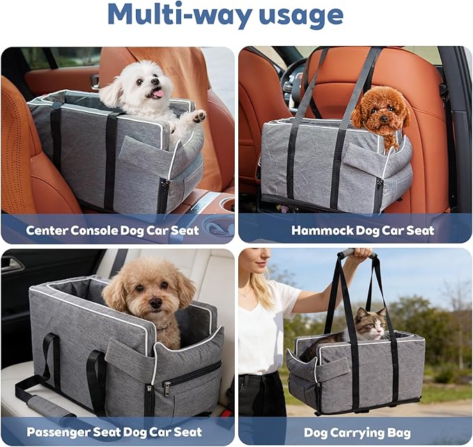 Dog Car Seat for Small Dogs - Portable Center Console Booster Seat with Anti-Collapse Design & Safety Tethers, Pet Travel Carseat Up to 15 lbs- Black