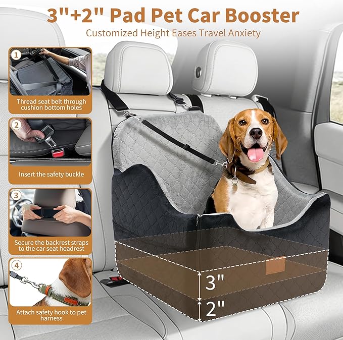 XEEP Dog Car Seat Bed for Small/Medium Dogs – 2 in 1 Car Seat for Dogs Up to 35 lbs -Use Travel Booster Seat with Memory Foam, Safety Belt, Bonus Urine Pad & Blanket, Removable Washable Cover, Grey