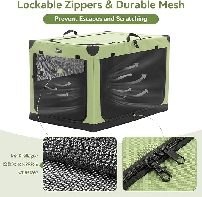 PETSFIT Soft Dog Crate, Dog Travel Crate - 36 Inch Lightweight, Easy Setup, sturdy Portable Dog Crate, Adjustable Framework with 3 Mesh Door, Soft Sided Collapsible Dog Kennel Green