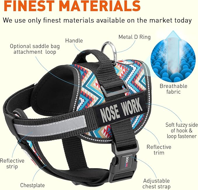 Dogline Unimax Dog Harness Vest with Nose Work Patches Reflective No-Pull, Adjustable Straps, Breathable Neoprene for Medical, Service, Identification and Training Dogs Girth 15 to 19" Aztec