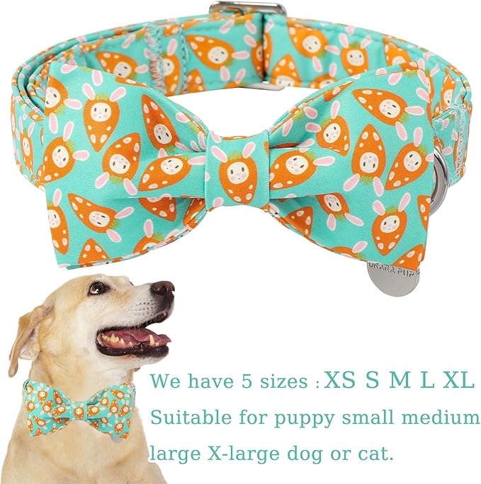 Easter Dog Collar with Bow Tie, Lovely Cotton Easter Carrot Adjustable Bowtie Collar for Girl Boy Dog, Adorable Carrots Puppy Collars with Metal Buckle,XS, Neck 8-12in