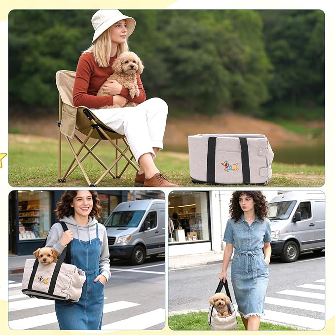 Cozy Center Console Dog Car Seat for Small Dogs - Portable Pet Car Seat with Safety Belt, Soft Cushion & Cooling Mat & Non-Slip Base, Perfect for Pets Under 11 lbs (Beige with Dachshund Pattern)