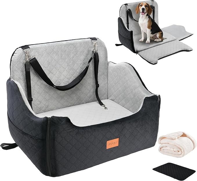 XEEP 2-in-1 Dog Car Seat for Medium/Large Dogs Up to 55 lbs – Dual-Use Booster Seat with Memory Foam, 2 Safety Leashes 2 Height-Adjust Cushions Bonus Urine Pad & Blanket, Removable Washable Cover Grey