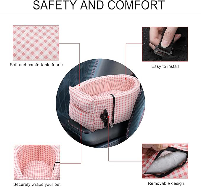 X AUTOHAUX Plaid Style Dog Car Seat Adjustable Straps for Medium Small Sized Puppy Cat Seat Pets Soft Non Slip Bottom Travel Bed Pink White