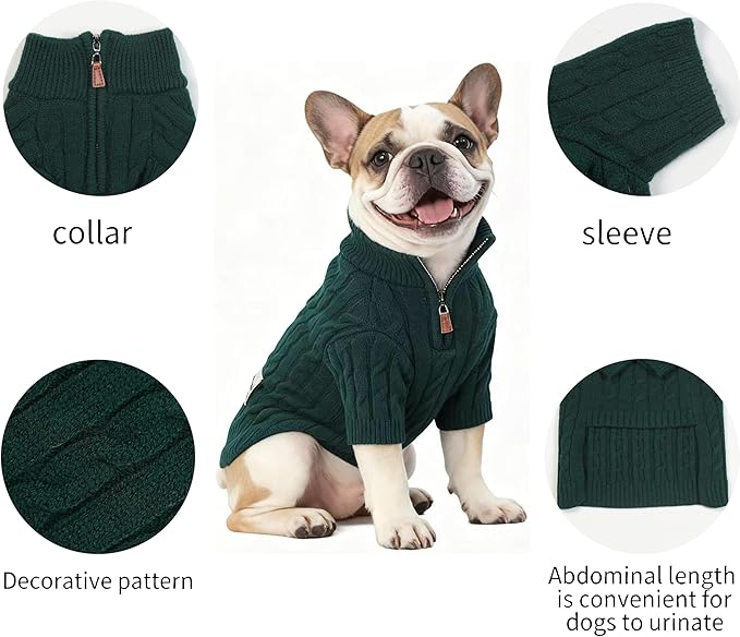 Small/Medium Dog Sweater, Warm Dog Winter Coat w/Sleeves, Comfortable High Neck Premium Dog Clothes for Bulldog-Best for Holidays, Daily Walks L Green