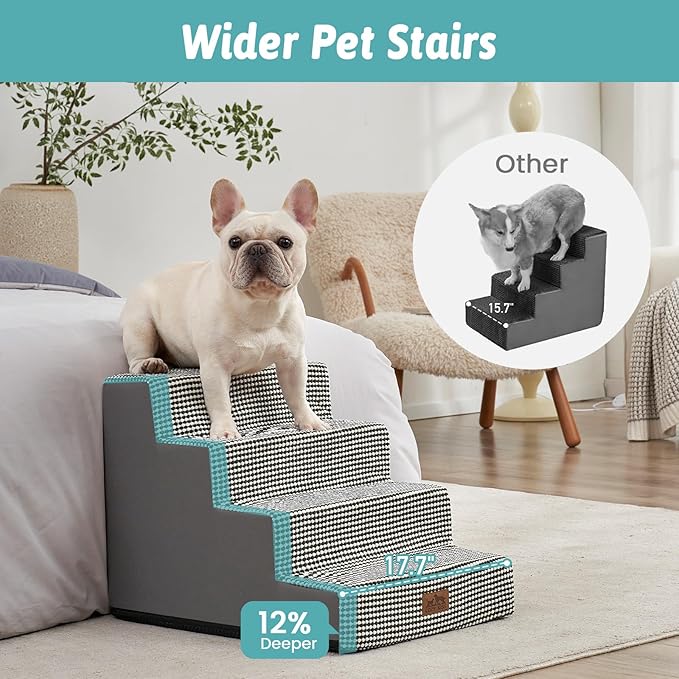Dog Stairs for Small Dogs, 17.7" Extra Wide Right-Angle Pet Stairs for Couch and Beds, Anti-Slip Dog Steps for Old Cats and Lowrider, 17.7x23.6x17.7 inch,White Black