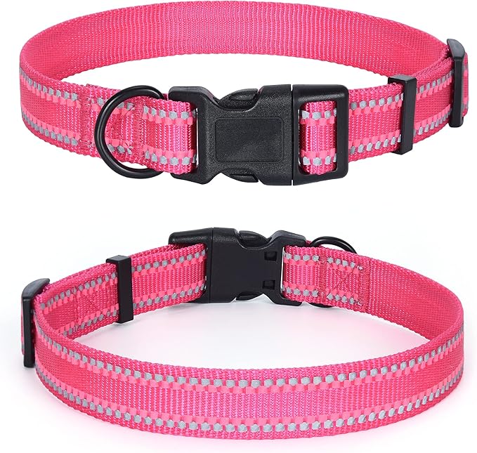 Mile High Life Reflective Dog Collar, Basic Dog Collars Adjustable Quick Release, Soft Nylon Pet Collar with Metal D-Ring for Small Medium Large Dogs (Pink, M Neck13-17")