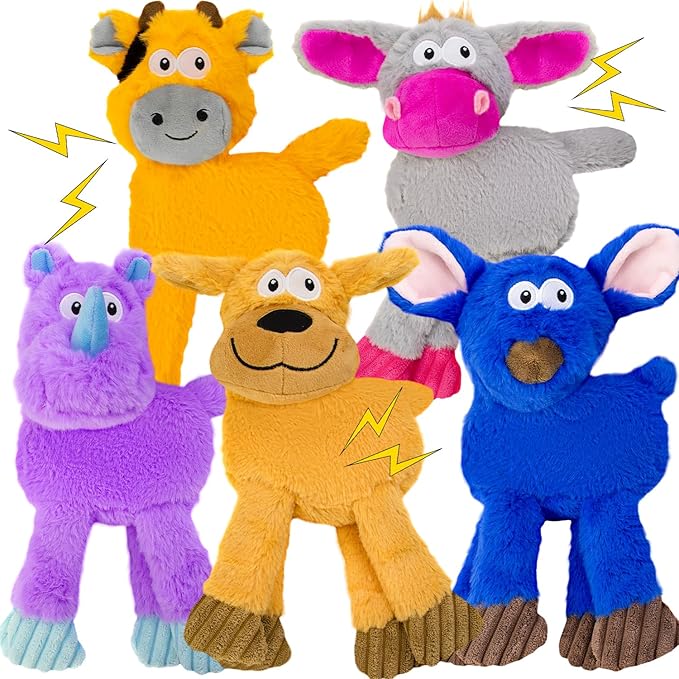 Squeaky Dog Toys, No Stuffing 5 Pack Crinkle Dog Toy for Small,Medium Large Dogs, Not for Aggressive Chewers, Indoor Outdoor Training,Dog,Donkey,Cow,Rhino,Hipo.