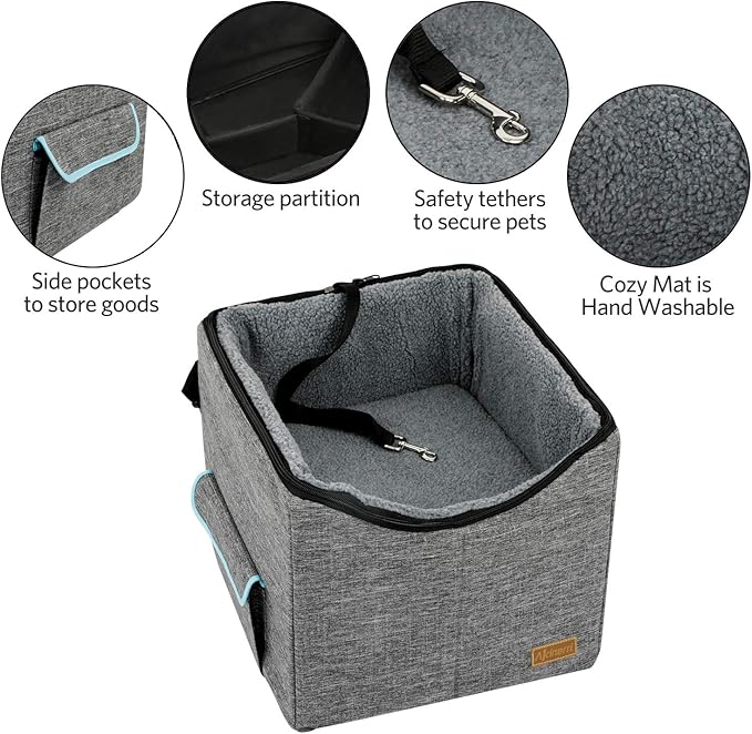 Dog Car Seat for Small/Medium/Large Dog, Soft & Comfortable Large Capacity Pet Booster Car Seat with Clip-On Safety Leash (Medium, Grey)