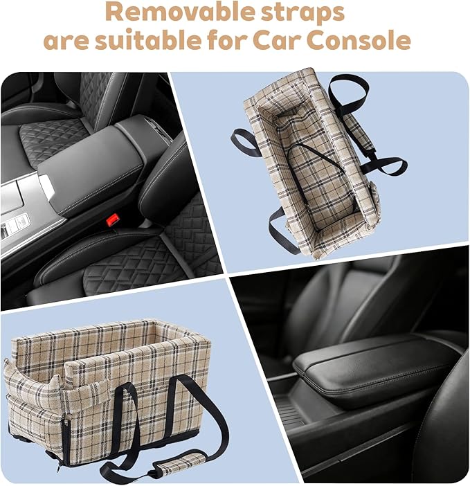 Dog Car Seat for Small Dogs - Portable Center Console Booster Seat with Anti-Collapse Design & Safety Tethers, Pet Travel Carseat Up to 15 lbs- Beige
