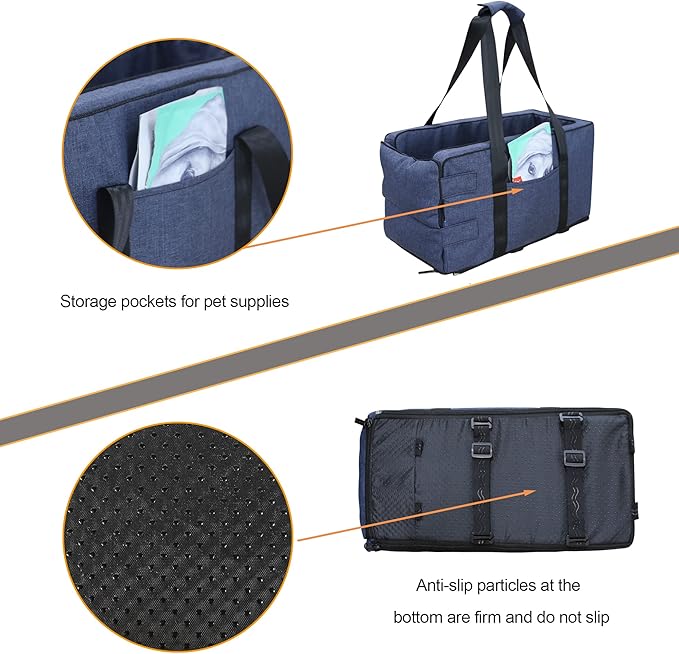 Pet Safety Booster Seat, Center Console Car Seat for Small Dogs Cats, Puppy Armrest Booster Seat, Pet Washable Travel Armrests Bed Bag, Removable Dog Car Seat for Small Pets Up to 13 Lbs (Navy Blue)