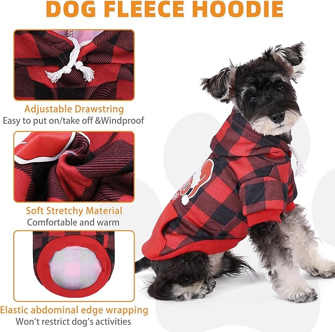 KOOLTAIL Christmas Dog Hoodie, Red Plaid Pet Sweater, Hat Hooded Sweatshirt Dog Clothes for Small Medium Large Dogs Boys Girls, Soft Warm Winter Cold Weather Coat with Leash Hole&Pocket, Santa, M