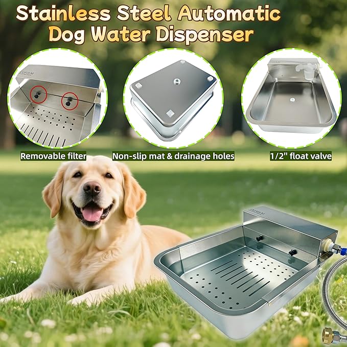 Automatic Dog Water Dispenser 3-Gallon Stainless Steel Outdoor Drinking Bowl for Large Dogs, Self-Filling Water Bowl with Filter Mesh to Filter Leaves and Other Debris(11L-B)