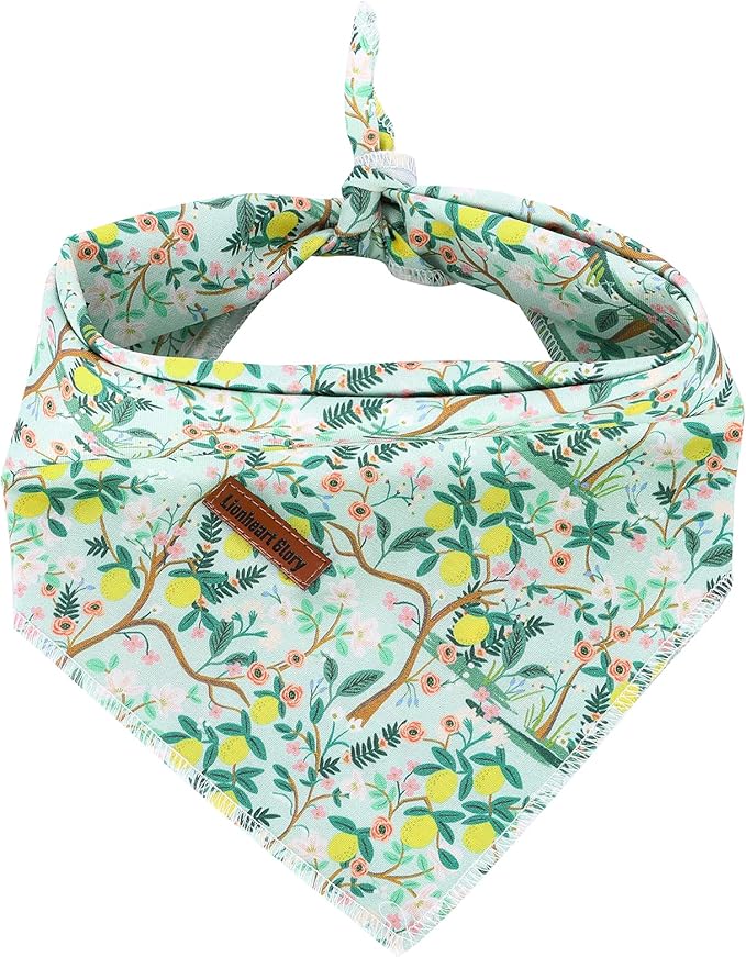 Lionheart glory Dog Bandana 1 Pack Washable Soft Cotton Lemon Flower Bibs Scarf, Adjustable Kerchief Square Dog Bandanas for Small Dogs