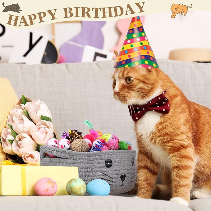 Zopeal 58 Pcs Cat Storage Basket Gift Toys Set, Colorful Flashing Balls Pet Bell Crinkle Balls Spring Toys Attract Cat to Swat, Hunt, Interactive for Pet(Grey,9.8 Inch)