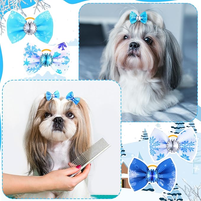Tondiamo 100 Pack Winter Snowflake Dog Hair Bows with Rubber Bands White Blue Rhinestone Puppy Bows Winter Pet Dog Hair Grooming Accessories for Small Girl Dogs (Snowflake Pattern)