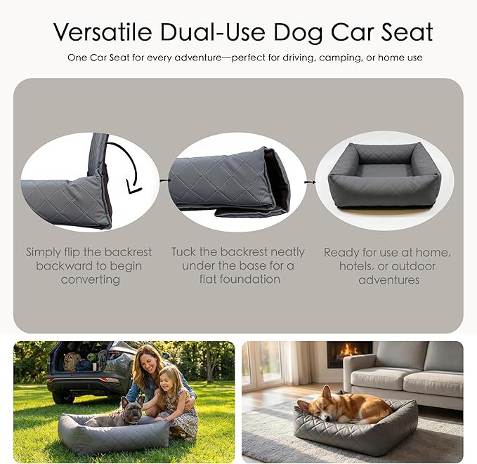 Dog Car Seat for Small & Medium Dogs – Waterproof Microfiber Leather Pet Car Seat with Washable Pee Pad, Scratch & Fur Resistant, Foldable Dog Bed for Home & Travel, Non-Slip Design, Matte Gray