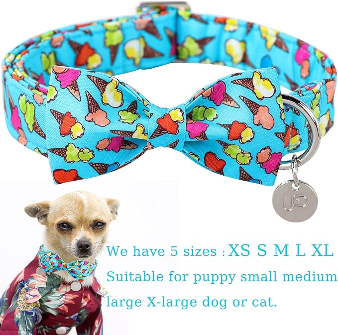 Summer Dog Collar with Bow Tie, Cotton Cute Bowtie Dog Collar, Summer Bowtie Collar for Small Boy Girl Dog, Comfortable Blue Dog Collar with Metal Buckle, S