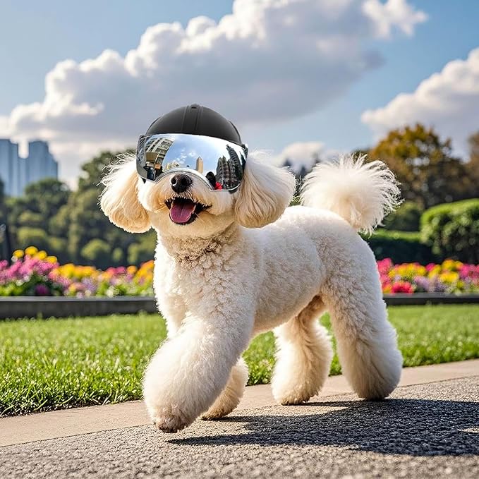 PETLESO Dog Helmet with Anti-UV Silver Goggles, Small Doggy Motorcycle Helmet with Ear Holes, Adjustable Outdoor Drop-Down Biking Safety Hat for Small Dogs Heads Protection