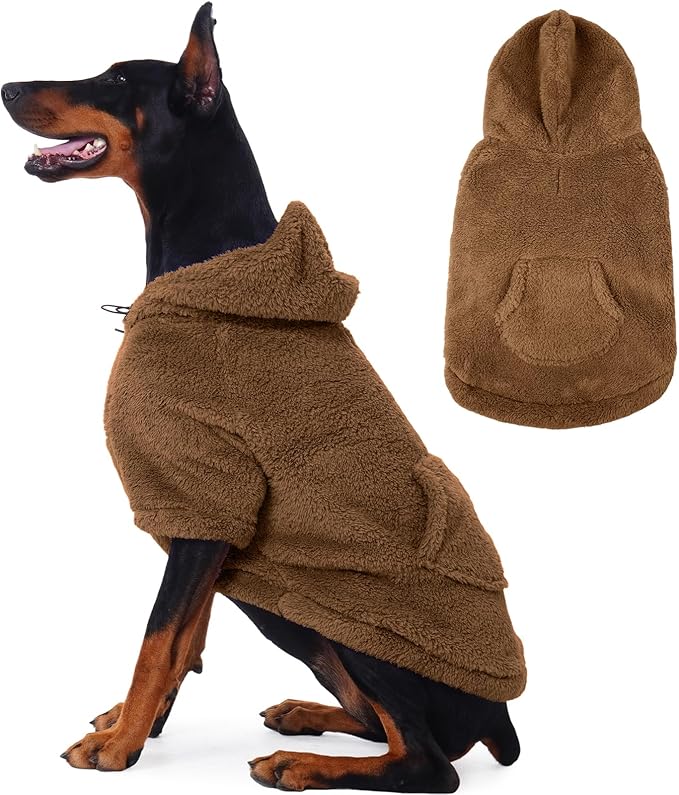 IDOMIK Fuzzy Dog Sweater with Adjustable Hood, Warm Fleece Dog Sweater Hoodie with Harness Hole & Pocket, Pullover Sweaters for Large Dogs, Fuzzy Hooded Sweatshirt for Fall Winter Christmas,Brown,2XL