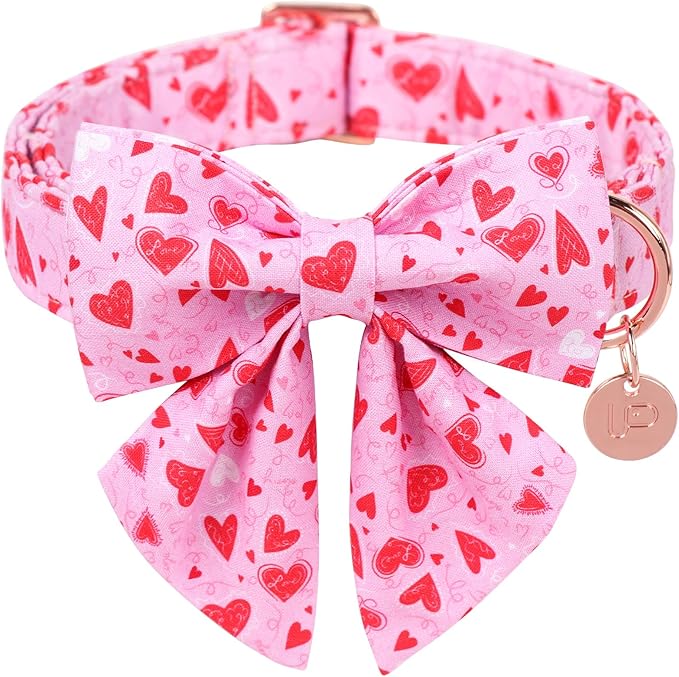 Valentine’s Dog Collar with Bow Tie, Pink Heart Bowtie Collar with Metal Buckle, Valentine’s Gift Pet Collar for Puppy Girl Boy Dog or Cat, Wedding Dog Collar, L
