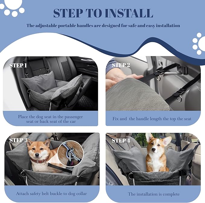Daneey Dog Car Seat for Medium Dogs, Dog Booster Seat for Car, Fully Detachable Washable Dog Car Bed for Car Travel, Non-slip Safety Pet Car Seat with Seat Belt, Gray