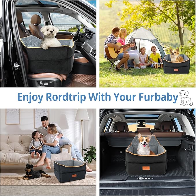 Dog Car Seat for Small Medium Dogs, Memory Foam Dog Booster Car Seat for Pets Under 35 lbs, Anti-Slip Pet Carseat with 2 Adjustable Leashes, Elevated Dog Travel Bed with Storage Pockets