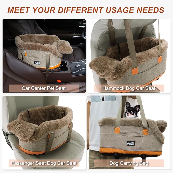 Console Dog Car Seat - Portable Booster for Small Pets, Detachable Washable Front Seat, for Cats and Dogs, Khaki