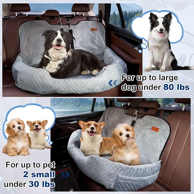 Dog Car Seat for Large/Medium Dog Pet Under 55 lbs or 2 Small Dogs Detachable Washable Travel Bed Fits Cars Trucks SUV