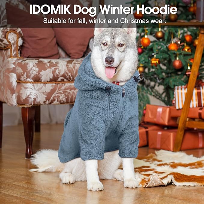 IDOMIK Fuzzy Dog Sweater with Adjustable Hood, Warm Fleece Dog Sweater Hoodie with Harness Hole & Pocket, Pullover Sweaters for Large Dogs, Fuzzy Hooded Sweatshirt for Fall Winter Christmas,Blue,3XL