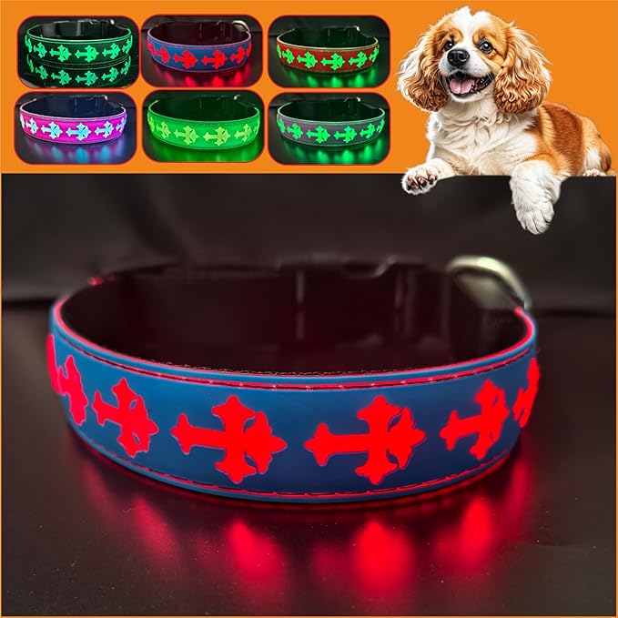 LED Dog Collar, USB Rechargeable, 15 Light Modes, Multi-Color Cross Pattern (Blue, XL(19.7-23.6"))