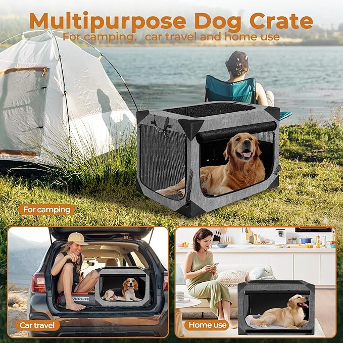 Dog Crate, Collapsible Soft Travel Crate for Large Dogs (3 Year Warranty), Indoor & Outdoor Portable Pet Kennel with Chew-Proof Mesh Window (Dark Gray, 36" L x 25" W x 25" H) ﻿