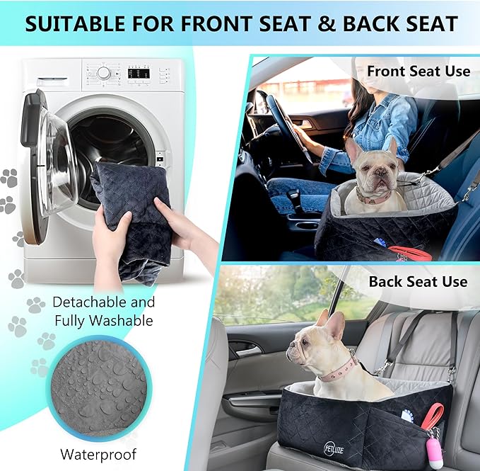 Dog Car Seat – Soft and Comfy Dog Booster Car Seat for Small, Medium Dogs Weighing Up to 30 lbs – Washable and Detachable Puppy Booster Seat with Strap and Pocket – Pet Travel Essential